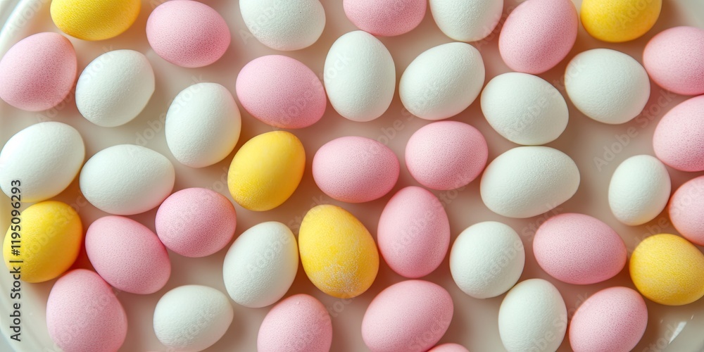 Colorful pastel Easter eggs in pink, yellow, and white arranged on a white plate top view, creating a festive spring atmosphere. Colorful pastel Easter eggs in pink, yellow, and white arranged on a white plate top view, creating a festive spring atmosphere.