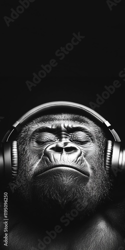 Gorilla Listening to Music with Headphones on Black Background photo