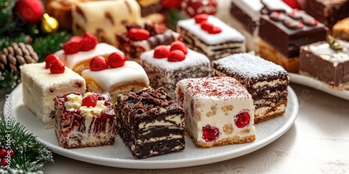 Wallpaper Mural Assorted Italian Christmas cakes on white plate with red berries and chocolate, surrounded by festive decorations and pine branches. Torontodigital.ca