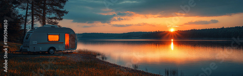 Panorama of a camper van, caravan, motorhome, standing at sunset against the backdrop of beautiful nature and water.