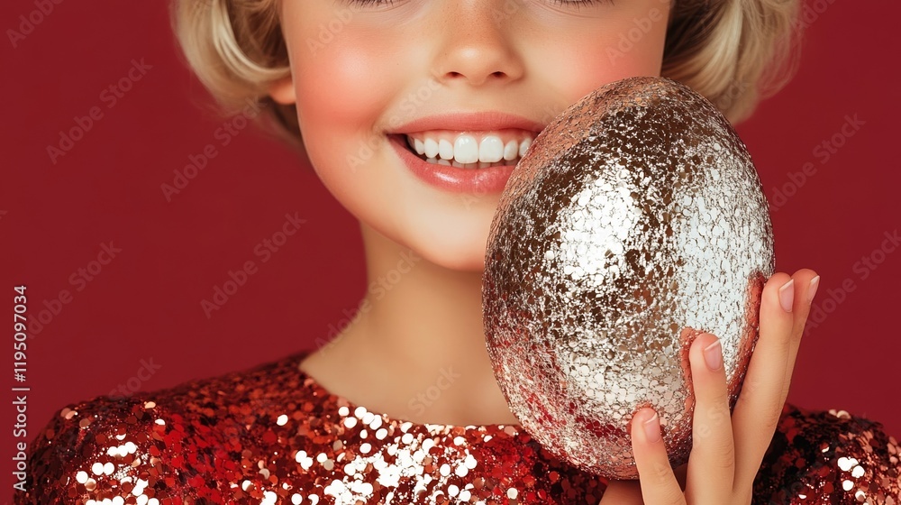 Naklejka premium Elegant Little girl holding a giant chocolate egg wrapped in shimmering foil with a joyful smile rare Easter gift excitement 