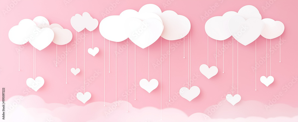 Heart-Shaped White Clouds on Pink Background with Heart-Shaped White Clouds on Pink Background with