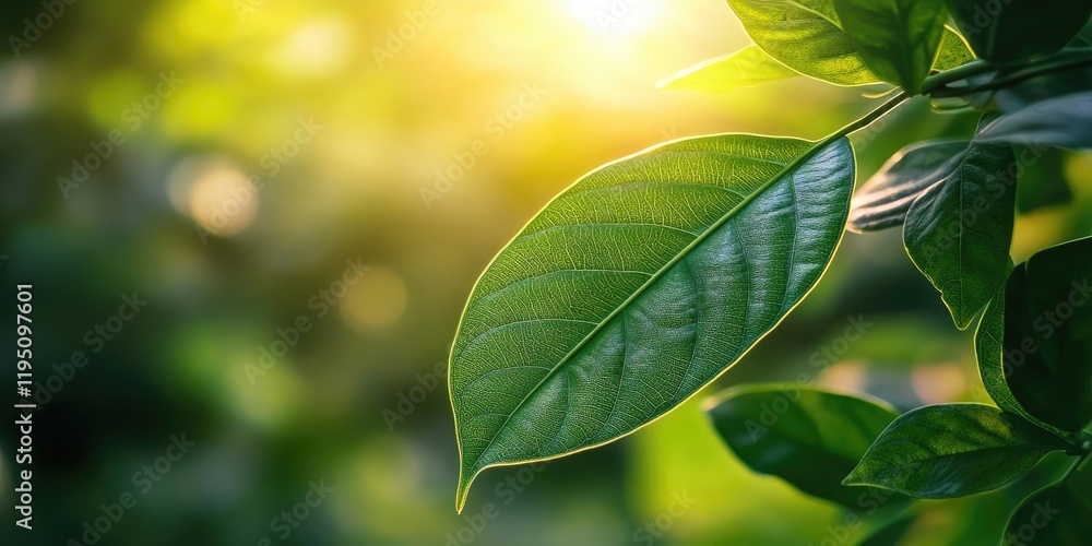 Closeup of a vibrant green leaf with soft morning sunlight glowing through blurred greenery background in a lush garden setting Closeup of a vibrant green leaf with soft morning sunlight glowing through blurred greenery background in a lush garden setting