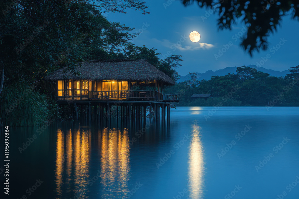 Obraz premium House perched on water under a full moon.