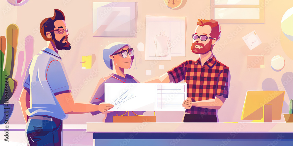 Three Individuals Reviewing Signed Document in Office Setting Three Individuals Reviewing Signed Document in Office Setting