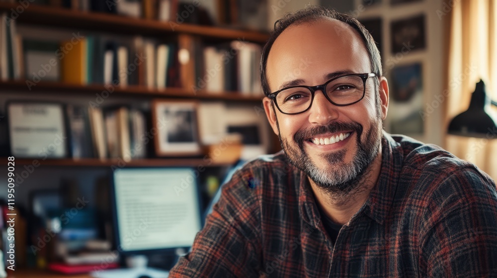 Smiling Screenwriter in Cozy Home Office Setting Smiling Screenwriter in Cozy Home Office Setting
