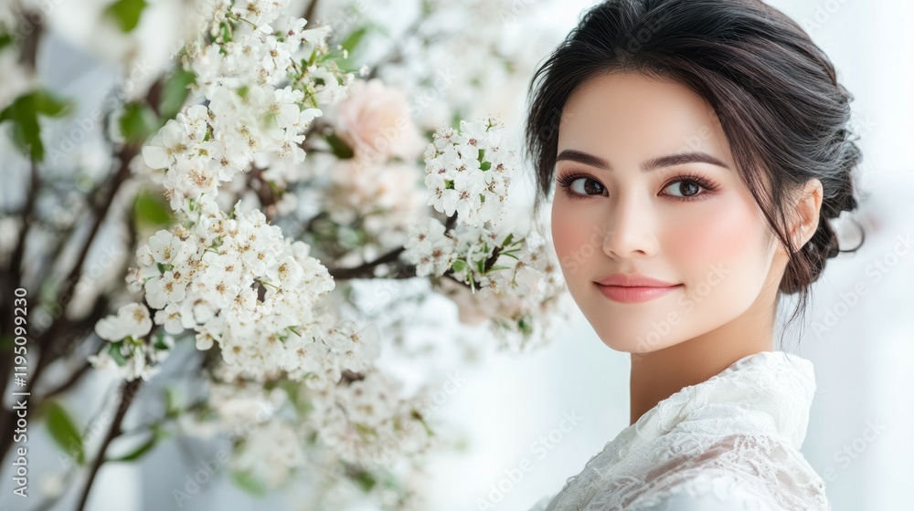 A young oriental girl in the soothing atmosphere of a spa center, next to blossoming tree branches A young oriental girl in the soothing atmosphere of a spa center, next to blossoming tree branches