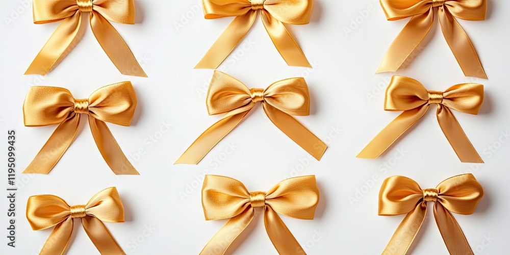 Golden silk ribbon bows arranged neatly on a white backdrop with tails and horizontal ribbons showcasing an elegant design. Golden silk ribbon bows arranged neatly on a white backdrop with tails and horizontal ribbons showcasing an elegant design.