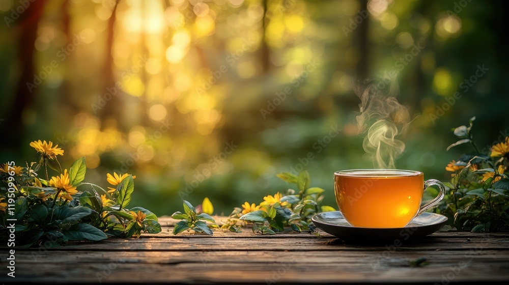 A steaming cup of tea sits on a wooden table in a sunlit forest A steaming cup of tea sits on a wooden table in a sunlit forest