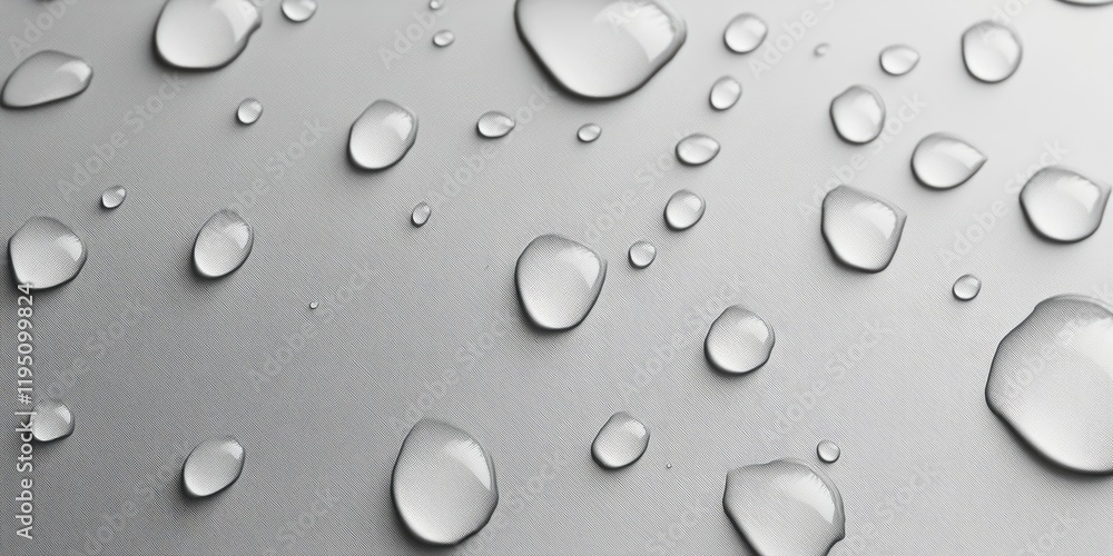 Close up of various sizes of clear water droplets scattered on a smooth gray surface creating an abstract wet texture with realistic reflections Close up of various sizes of clear water droplets scattered on a smooth gray surface creating an abstract wet texture with realistic reflections