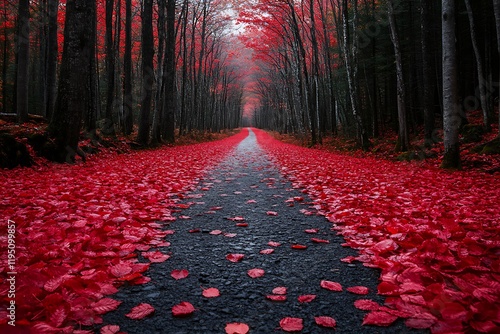 Red leaves line a forest path in autumn photo