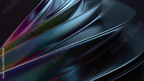 An elegant and modern 3D rendering of an abstract background featuring twisted metal plates in a dark space, showcasing the luxurious curves of chrome.