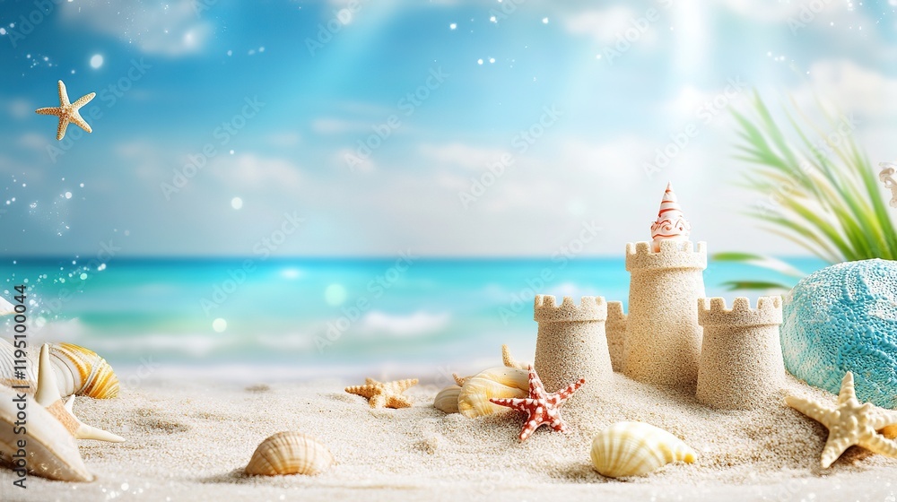 Sand Castle on the Ocean Beach - Summer Kids' Holidays by the Sea Coast. Concept for Summer Vacation Postcard, Banner, Poster, and Advertisement with Copy Space.