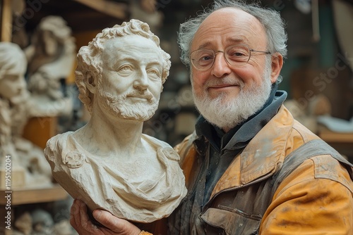 Sculptor showing bust statue of roman emperor in workshop photo