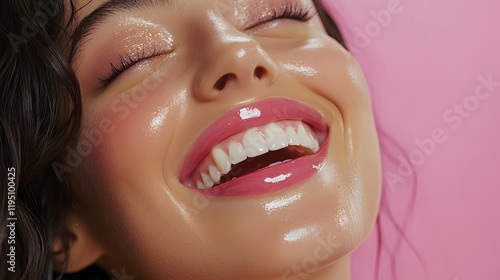 Woman smiling with pink lip gloss