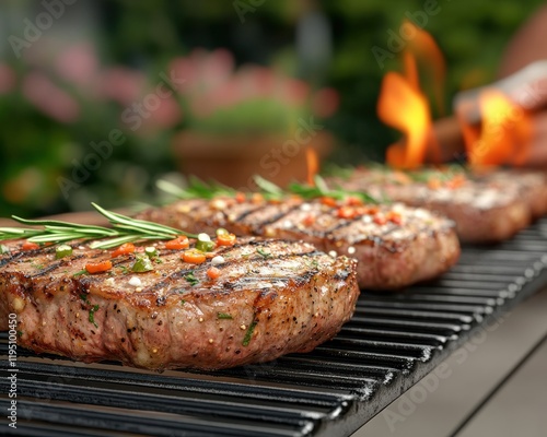 Close-up of dad grilling a perfectly seared steak, the juices sizzling on the hot grill grates Father's Day grilling perfection Delicious summer recipe for juicy steak, outdoor cooking, family BBQ photo