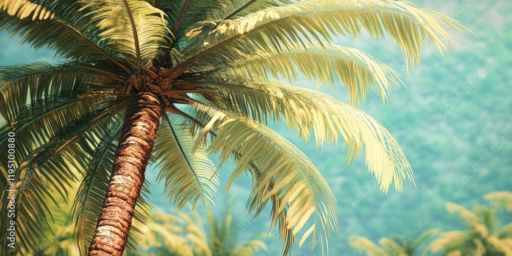 Obraz premium Lush green palm tree with detailed fronds against a serene blurred blue and green background showcasing tropical vibes and natural beauty.
