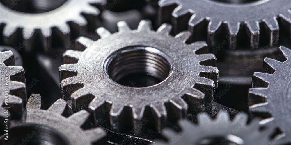 Close up of interlocking steel gears with a metallic surface arranged in dynamic positions highlighting intricate details and textures of machinery Close up of interlocking steel gears with a metallic surface arranged in dynamic positions highlighting intricate details and textures of machinery