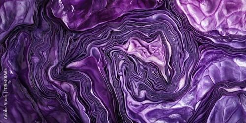 Closeup of vibrant purple cabbage texture showing intricate swirling patterns and layers against a dark background for a striking visual contrast.