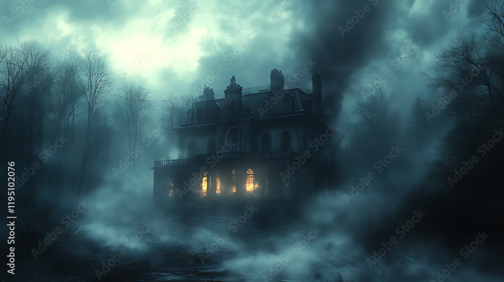 A haunted mansion engulfed in mist and smoke at night, with ominous glowing windows.