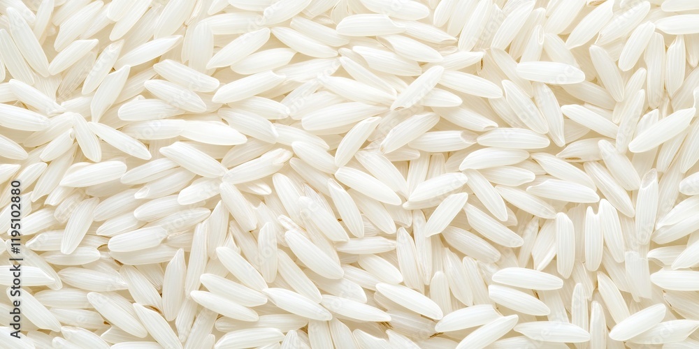 Closeup of uncooked white basmati rice grains on a neutral background showcasing their long and slender shape with a natural raw texture. Closeup of uncooked white basmati rice grains on a neutral background showcasing their long and slender shape with a natural raw texture.