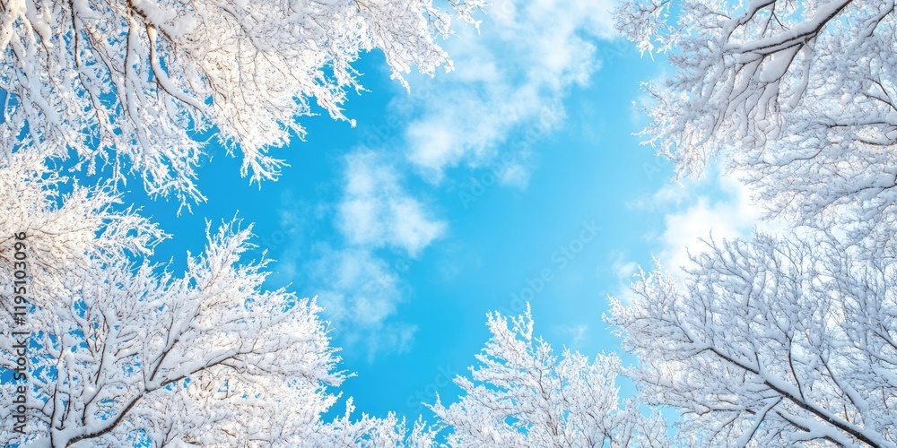 Snow-covered tree branches framing a bright blue sky with fluffy clouds and ample empty space on the left for customizable text or graphics. Snow-covered tree branches framing a bright blue sky with fluffy clouds and ample empty space on the left for customizable text or graphics.