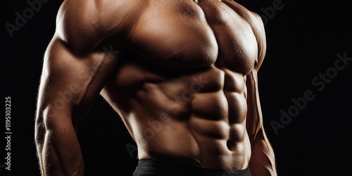 Muscular male torso with defined abs highlighted against a solid black background showcasing strong physique and detailed muscle definition.