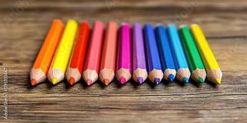 Colored pencils in vibrant colors arranged in a neat line on a wooden brown backdrop creating a vibrant and artistic composition for creativity photo