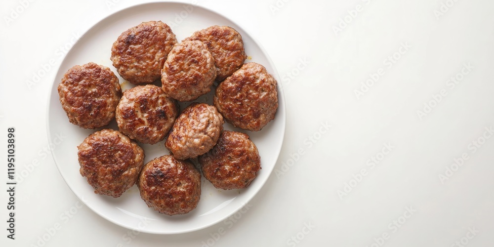 Closeup of perfectly cooked minced pork and beef cutlets on a white plate with ample negative space arranged in a flat lay perspective Closeup of perfectly cooked minced pork and beef cutlets on a white plate with ample negative space arranged in a flat lay perspective