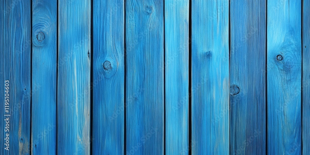 Fototapeta premium Closeup of vertical wooden pine boards in various shades of blue creating a textured and vibrant background with knots and wood grain patterns.