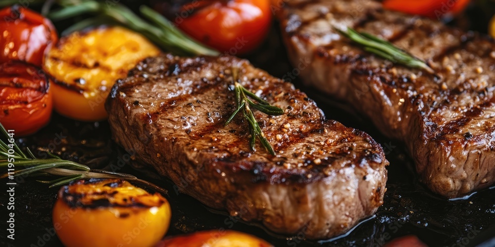 Grilled steak with charred tomatoes and rosemary placed centrally on a dark background showcasing rich browns and vibrant reds. Grilled steak with charred tomatoes and rosemary placed centrally on a dark background showcasing rich browns and vibrant reds.