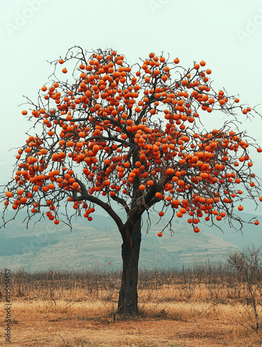 A minimalist winter landscape featuring a persimmon tree adorned with vibrant fruits against a backdrop of fog. Captured in Italy, this photograph evokes a sense of tranquility and natural beauty