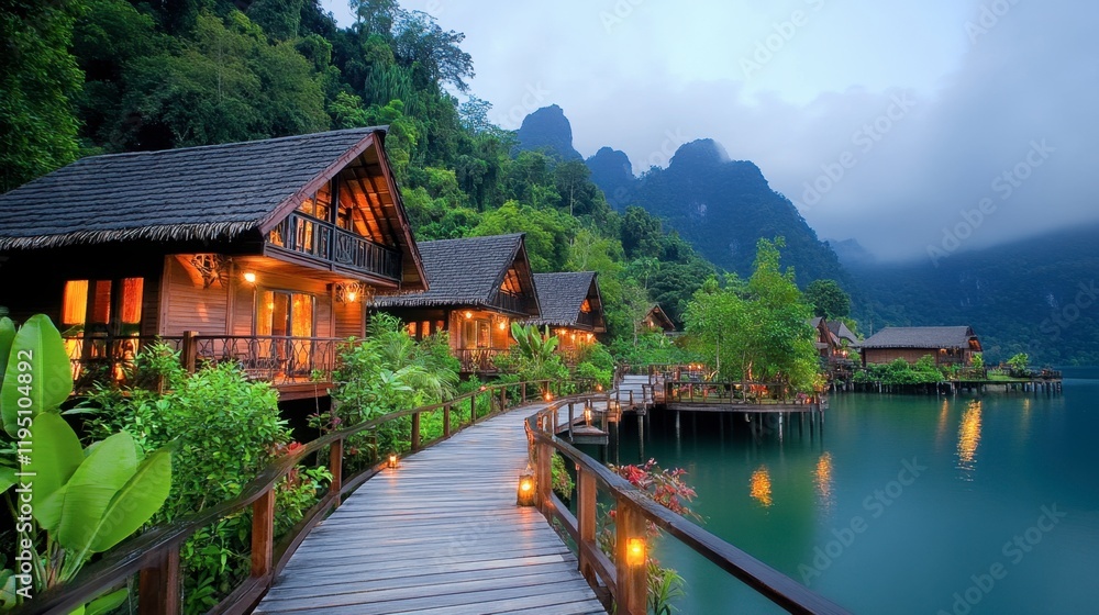 A tranquil view of a wooden walkway leading through Khao Sok's lush jungle, inviting visitors to explore its natural beauty. A tranquil view of a wooden walkway leading through Khao Sok's lush jungle, inviting visitors to explore its natural beauty.