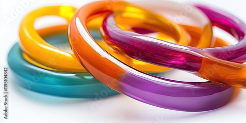 Vibrant vintage Bakelite bangle bracelets in orange purple teal arranged diagonally on a white background with ample copy space for text