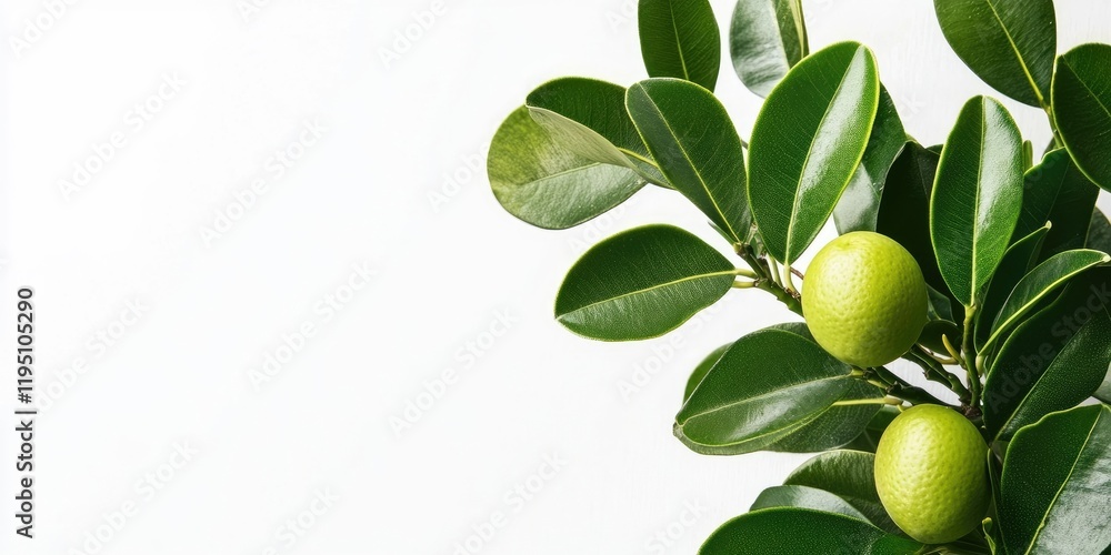 Sonneratia ovata close-up with vibrant green leaves and two round fruits on a branch, ample white space for text on the right side. Sonneratia ovata close-up with vibrant green leaves and two round fruits on a branch, ample white space for text on the right side.