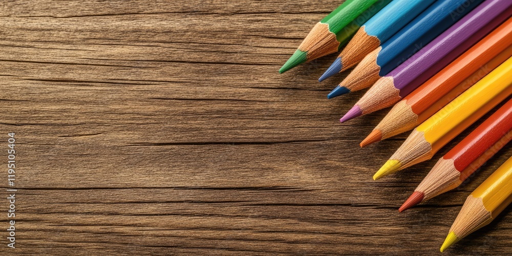 Obraz premium Vibrantly colored pencils in a diagonal line on a textured brown wooden background showcasing art supplies for creative drawing activities