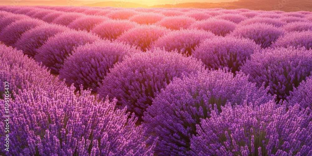 Obraz premium Vibrant lavender fields in full bloom at sunset with lush purple hues contrasting against a warm golden sky creating a serene landscape scene