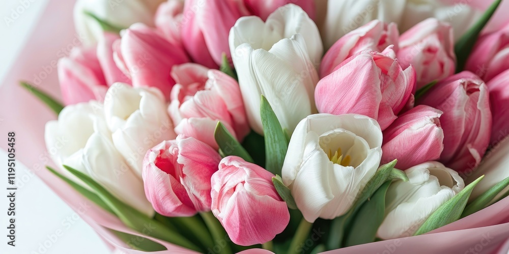 Elegant bouquet of white and pink tulips wrapped in soft pink paper against a clean white background showcasing spring beauty and freshness Elegant bouquet of white and pink tulips wrapped in soft pink paper against a clean white background showcasing spring beauty and freshness