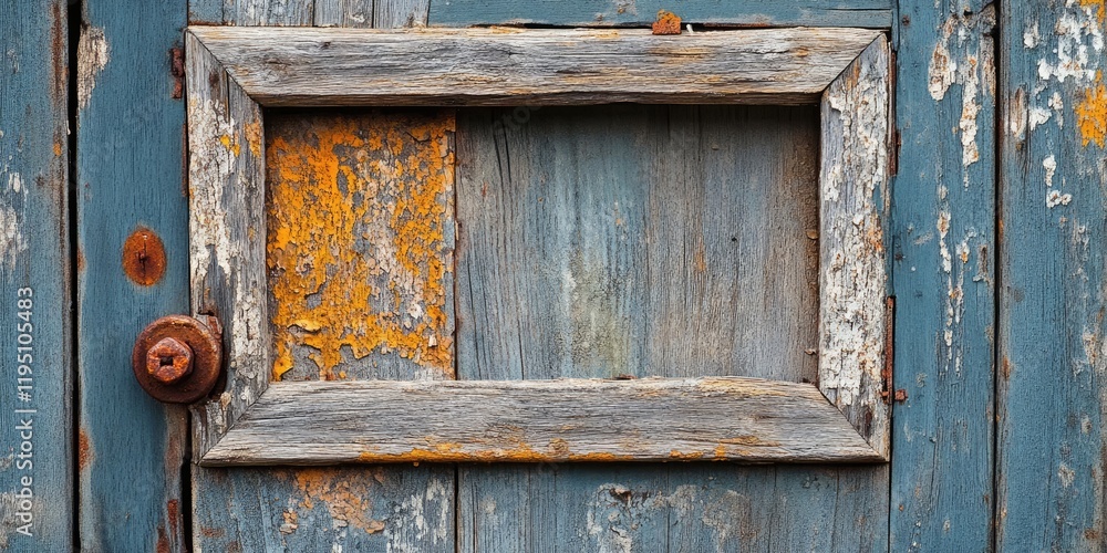Aged wooden window frame with peeling blue paint and orange rust spots illuminated by natural light in a closeup view. Aged wooden window frame with peeling blue paint and orange rust spots illuminated by natural light in a closeup view.