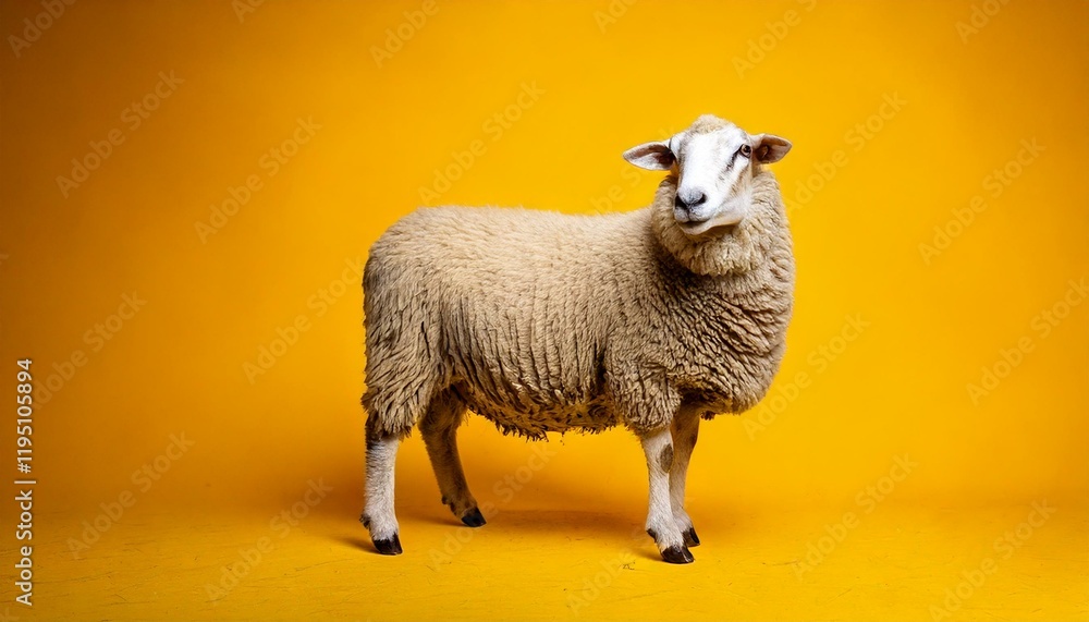 Obraz premium sheep standing, background isolated yellow, copy space 
