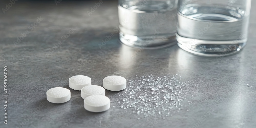 Closeup of five white water softener tablets on a grey table with crystals and two clear glasses of water in the background Closeup of five white water softener tablets on a grey table with crystals and two clear glasses of water in the background