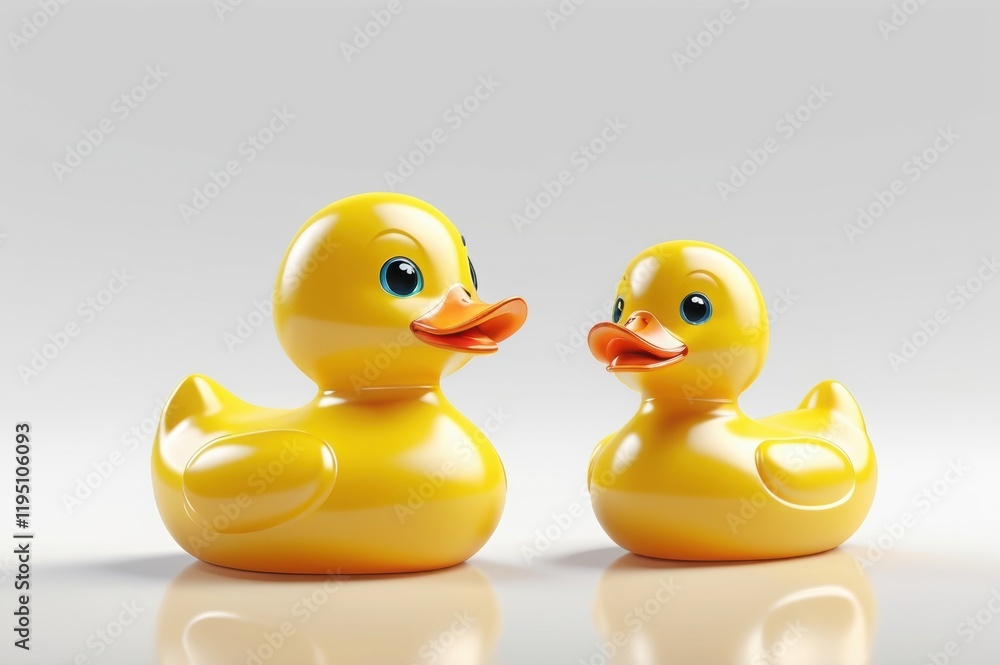 A couple of 3D rubber duck toy with a shiny yellow surface isolated on a white background. A couple of 3D rubber duck toy with a shiny yellow surface isolated on a white background.