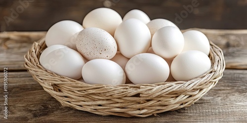Wallpaper Mural Fresh white chicken eggs in a woven basket on a rustic wooden surface with one speckled egg prominently placed among the others. Torontodigital.ca