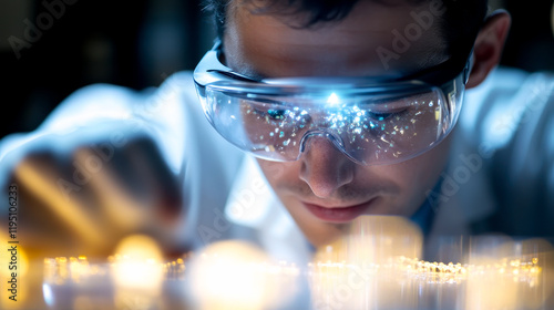 A focused scientist in protective eyewear examines a detailed circuit or electronic component under bright light.