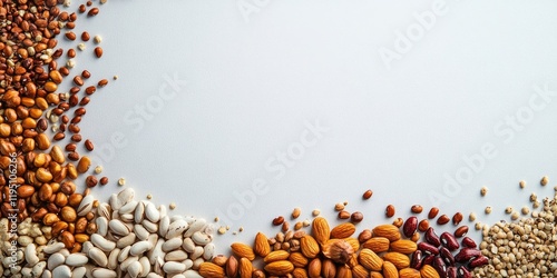 Assorted beans, nuts, and seeds in earthy tones arranged at the bottom left on a light grey background with ample copy space for text.