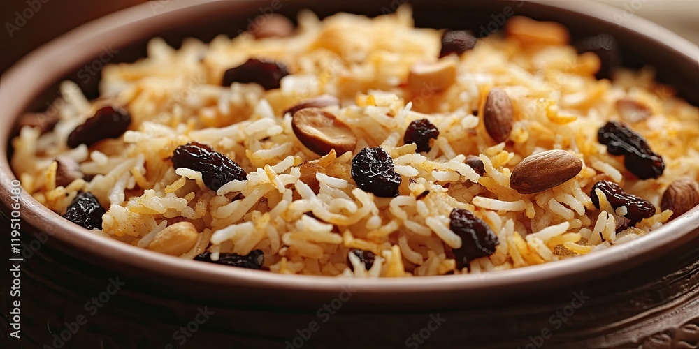 Close up of fragrant Indian vegetarian biryani with golden rice, nuts, and raisins in a traditional brown korai on a wooden table Close up of fragrant Indian vegetarian biryani with golden rice, nuts, and raisins in a traditional brown korai on a wooden table