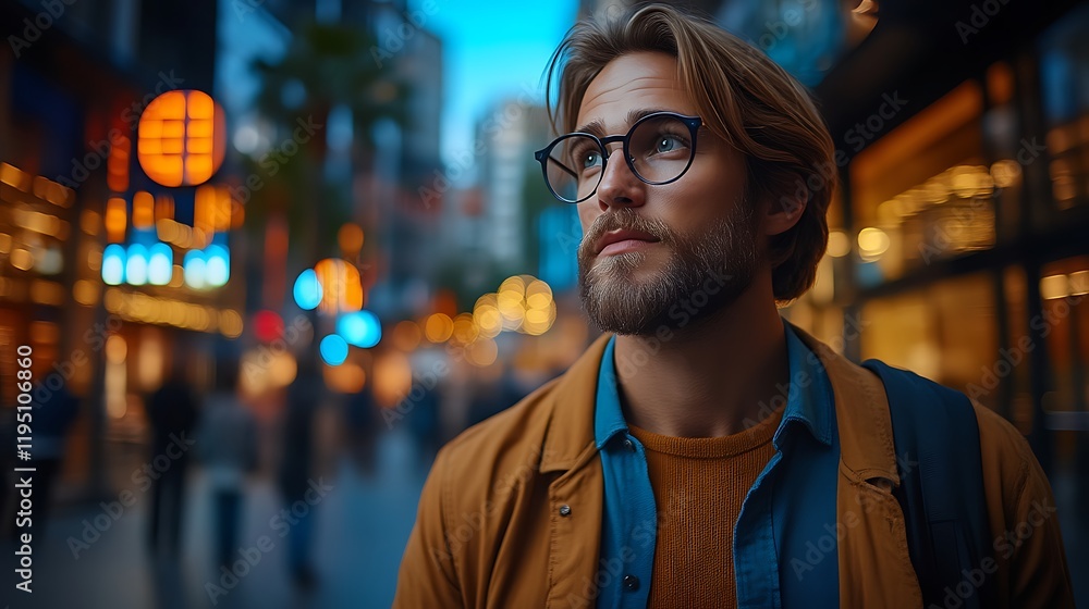 Young man in city at night. Young man in city at night.