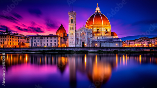 A stunning twilight view of Florence's iconic dome and bell tower, reflecting beautifully in the water, surrounded by vibrant colors in the sky.
