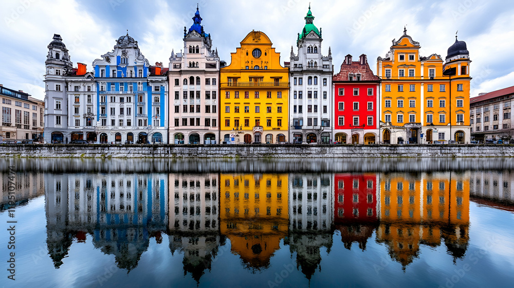 Fototapeta premium A vibrant row of colorful buildings reflects in a calm waterway under a cloudy sky, creating a picturesque urban scene.