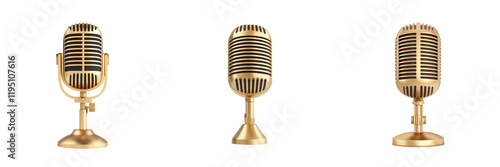 Vintage golden microphones in various s, showcasing elegance and charm. Perfect for music and broadcasting enthusiasts photo